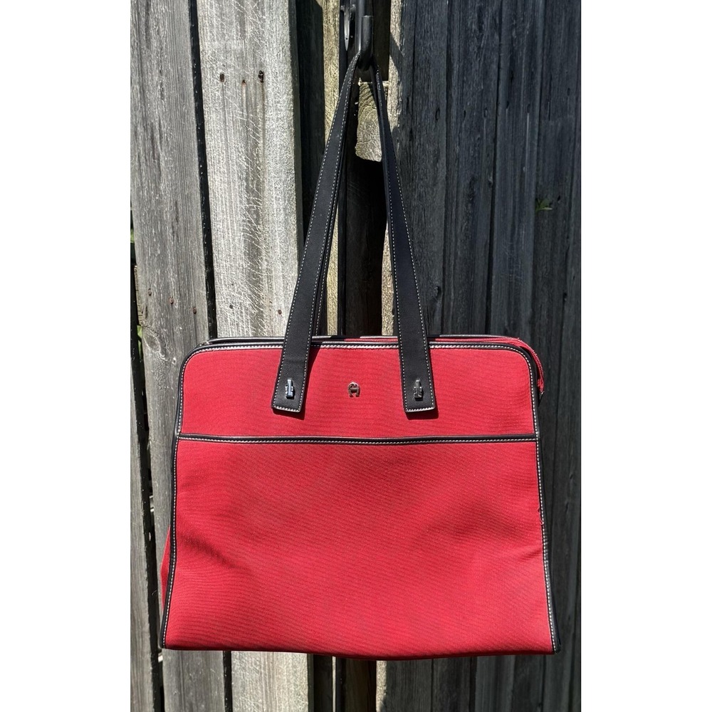 Etienne Aigner Red Nylon Leather Trim Laptop Tote Work Shoulder Bag Zip Office
